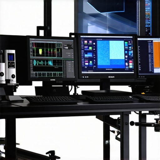 Advanced Spectral Color Calibration Setup A technician calibrating color profiles using spectral devices across multiple high-end monitors.