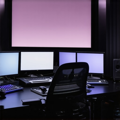 A modern audio editing studio featuring multiple vertical monitors with calibration tools and ergonomic accessories.