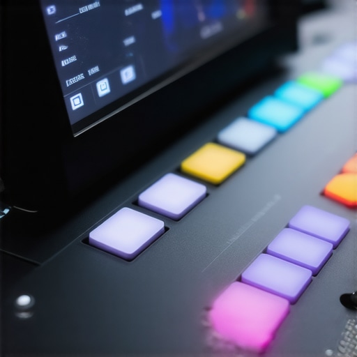 Close-up of a professional video editing control surface with OLED display and customizable buttons.