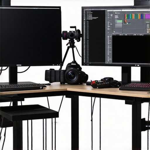 Professional video editing workspace with dual monitors and camera gear.
