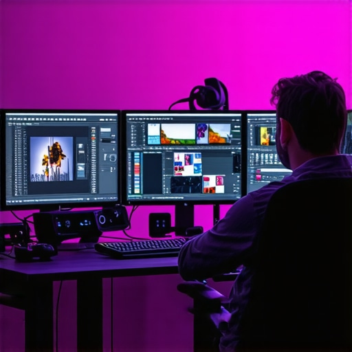 Advanced Video Editing Studio with AI Integration A professional video editing setup featuring multiple screens and AI-powered hardware for slow motion processing.