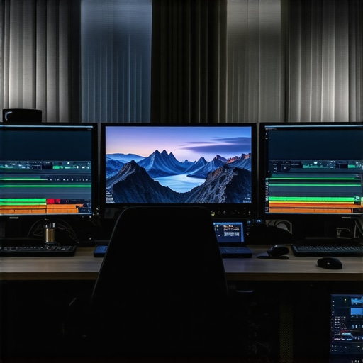 Professional video editing setup showing luminance mask layers on multiple screens