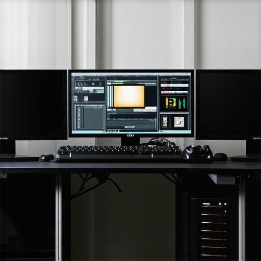 A modern editing desk with high-end hardware for professional video editing