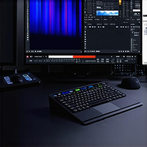 Advanced multimedia editing setup Professional multimedia editing workstation with multiple screens and hardware