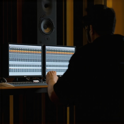 Calibrated Audio Monitoring Studio Setup Engineer calibrating studio monitors for accurate loudness perception.