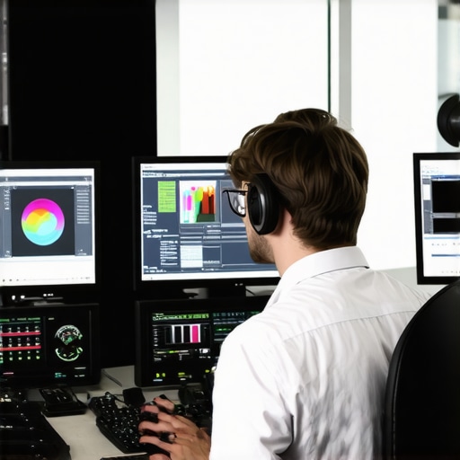 Calibrated Color Workflow in Professional Editing Studio Editor calibrating monitors for color accuracy in a professional studio environment