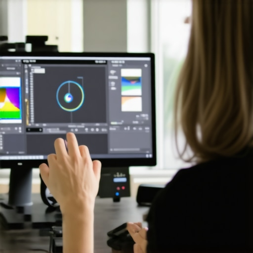 Calibrated Editing Station with Color Profiling Tools Color calibration process on professional editing monitor using specialized hardware
