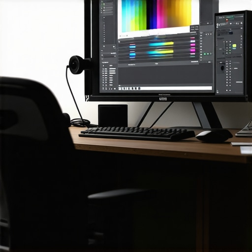 A professional video editing studio featuring a color-calibrated monitor and neutral ambient lighting