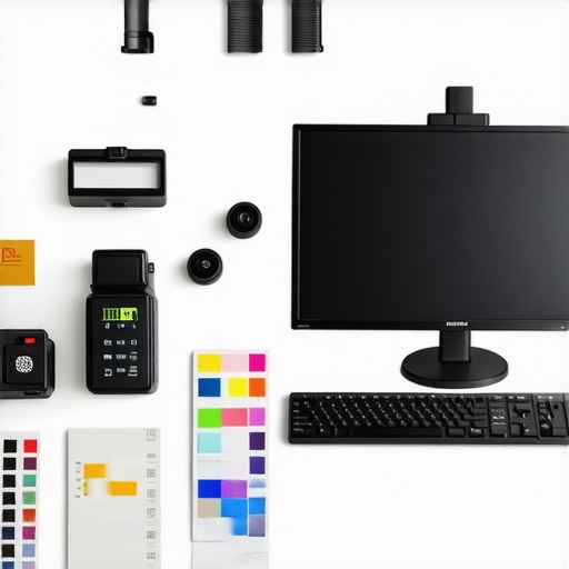 Calibrated Editing and Printing Setup A professional photo editing station with calibration equipment and print samples.