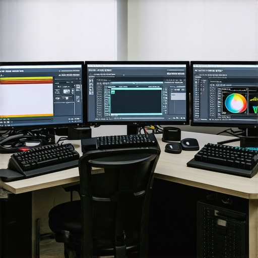 Calibrated Multi-Monitor Setup for Video Editing A photo of three monitors with calibration devices and color profiles in a professional editing studio.