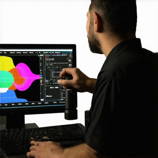 Colorist calibrating monitor with colorimeter in a professional studio setting.