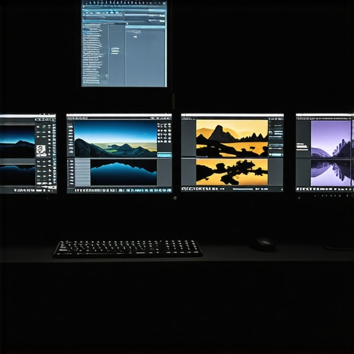 Color Grading Workspace A professional video editor working on color grading with dual monitors showing color wheels and scopes.