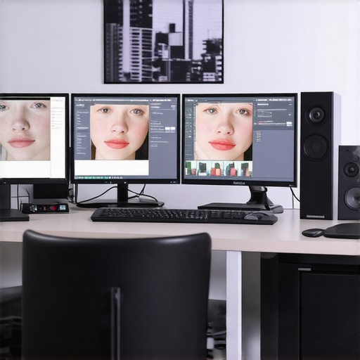 Editing workspace with monitors showing uniform skin tones from different cameras.