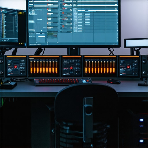 A modern editing setup with multiple screens, ergonomic controls, and AI-powered tools