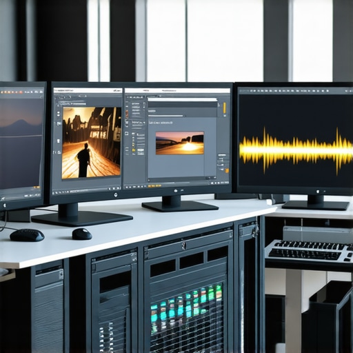 Cutting-Edge Video Editing Workspace Professional editor working on transition effects with multiple monitors