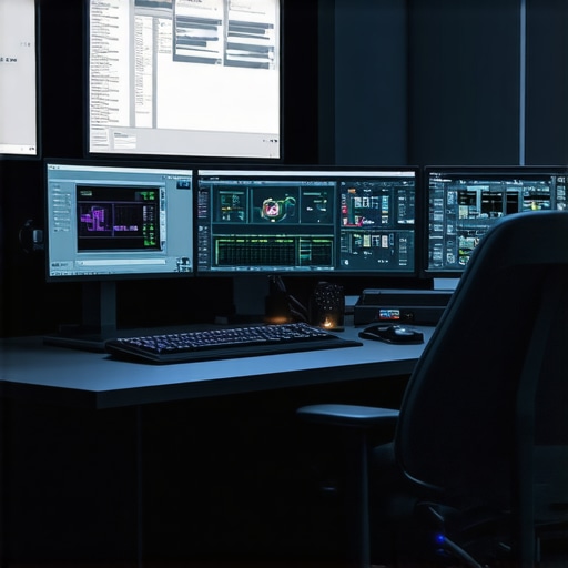 A professional editing studio equipped with the latest hardware, multiple screens, and AI tools for 8K+ video editing.
