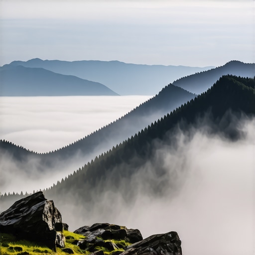 Depth and Atmosphere in Landscape Photography Mountains obscured by atmospheric haze with detailed foreground elements demonstrating depth layering.