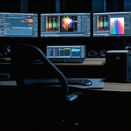 Ergonomic Creative Workspace A modern, ergonomic editing studio with adjustable desks, dual monitors, and ambient lighting designed for high-precision video editing.