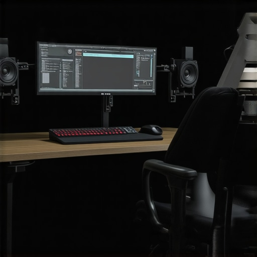 Ergonomic Editing Workspace Modern ergonomic editing workspace with adjustable monitor arms, comfortable chair, and professional input devices