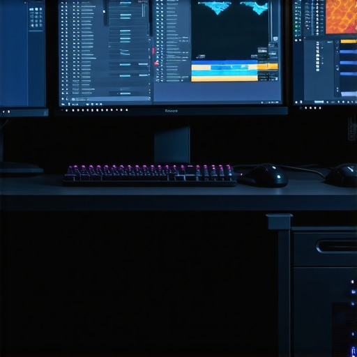 Ergonomic Workspace for Editors A modern, ergonomic editing station with dual monitors, a standard keyboard, and external SSD
