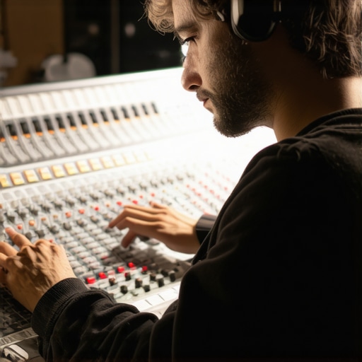 Expert Adjusting Reverb Settings Audio engineer calibrating reverb effects on a mixing console in a recording studio.