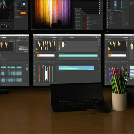 Expert Editing Workflow Using Cloud Software A professional editor immersed in creative work on multiple monitors showcasing editing software interfaces.