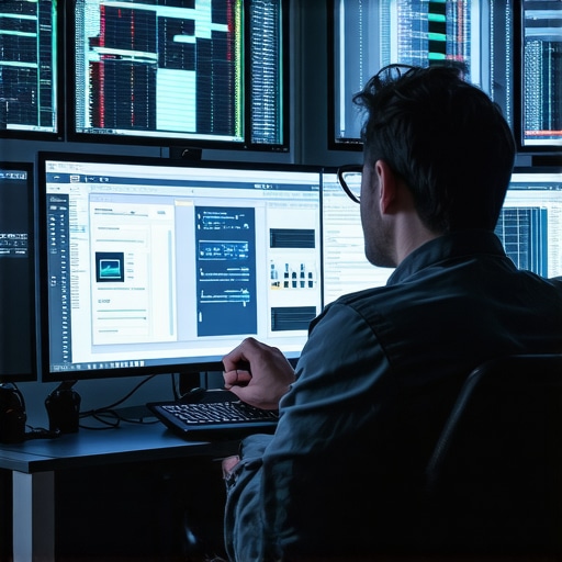 Expert Editor Designing Automation Scripts Professional editor developing automation scripts on multiple monitors with code editors