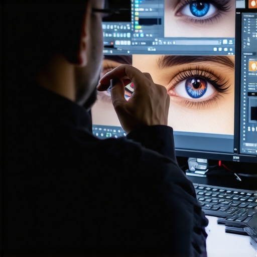 Expert Eye Editing in Progress Close-up of a digital artist working on eye enhancements using professional editing software.