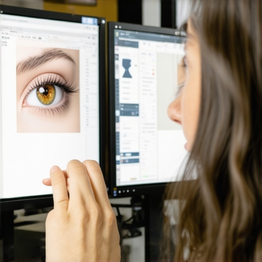 Expert Eye Editing with Layered Masks Editor using layered masking tools on eye photos with calibrated monitor in background.