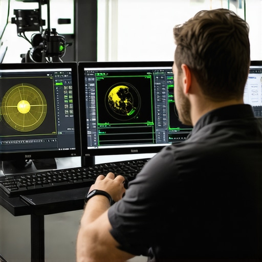 Expert Monitor Calibration Setup Technicians calibrating professional monitors with hardware tools in a modern studio.