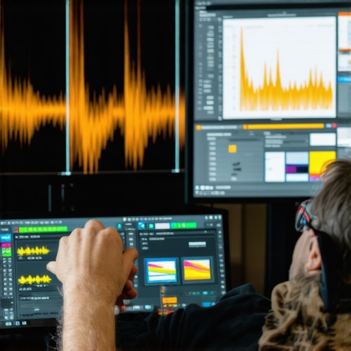Video editor fine-tuning noise suppression parameters on professional monitor