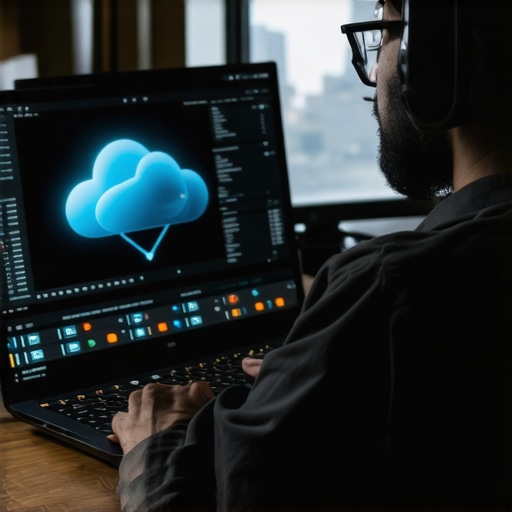 Expert Video Editing Setup with Cloud Acceleration A modern workspace showcasing a laptop, cloud rendering icons, and hardware tuning accessories