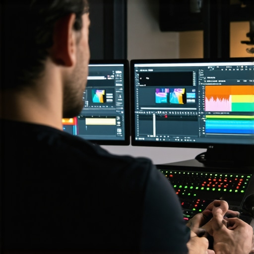 Professional editor working on seamless whip pan effects in editing suite