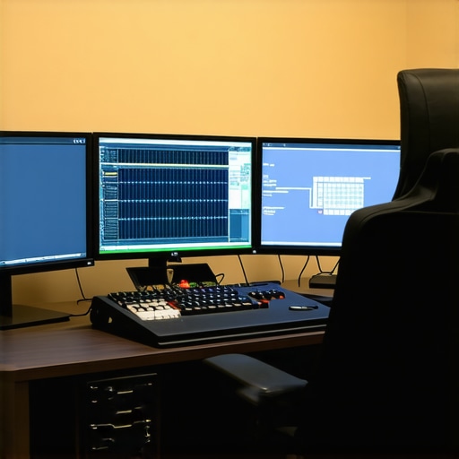 An advanced professional editing workspace with high-resolution screens and hardware controllers