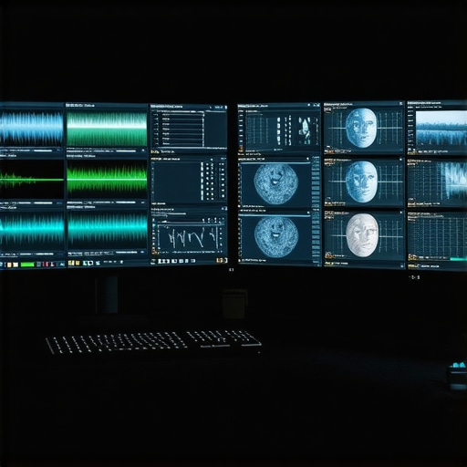Futuristic Media Editing Environment An advanced digital editing setup with AI tools and synthetic media applications.