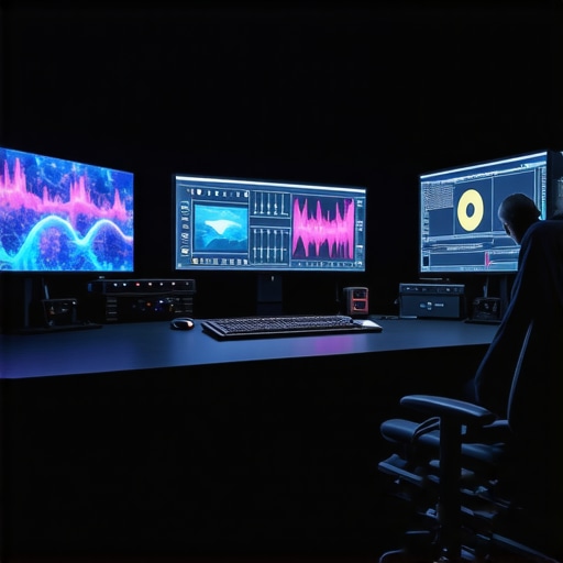 Futuristic Post-Production Studio A modern multimedia editing workspace featuring holographic displays and AI integration.