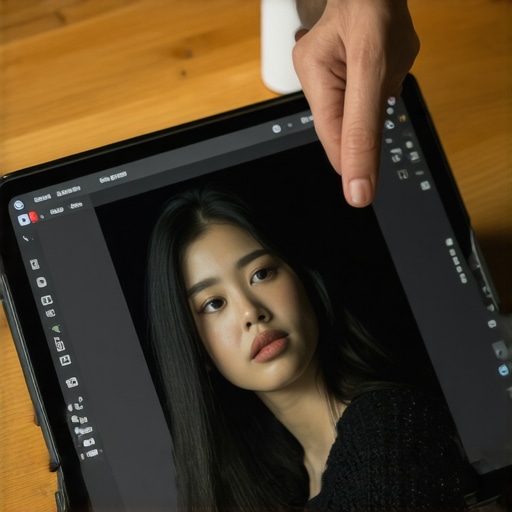 Haptic Feedback in Digital Editing Close-up of a stylus interacting with a tablet showing editing controls with haptic feedback.