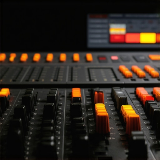 High-End Audio Mixing Console Close-up of audio mixing equipment in a professional studio
