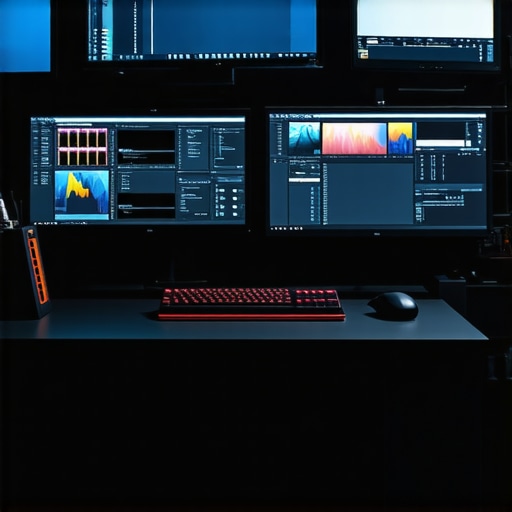 High-End Editing Workflow Setup with AI Acceleration A professional editing workstation featuring multiple monitors, SSD storage, and AI-based media tools.
