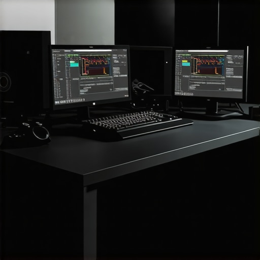 High-End Multimedia Editing Setup A professional editing station with dual monitors, control panel, and hardware accessories for multimedia production