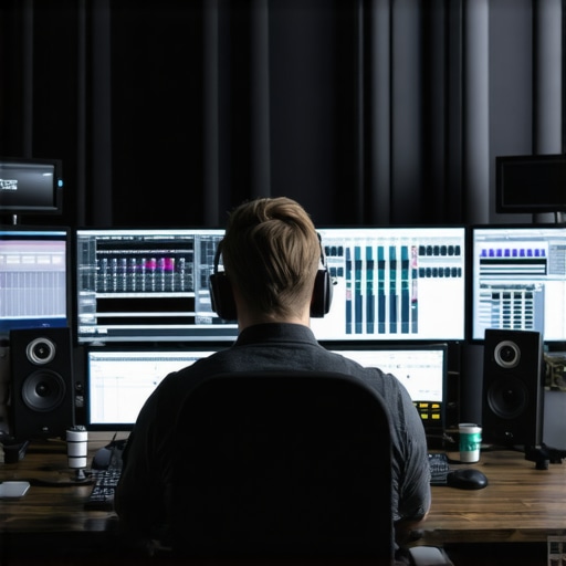 A professional video editing setup featuring multiple monitors and high-performance hardware.