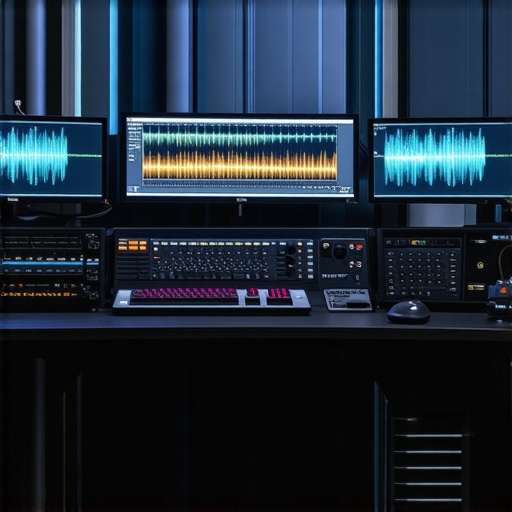 A professional editing workstation equipped with high-end hardware, dual monitors, and color calibrated screens for 8K video editing