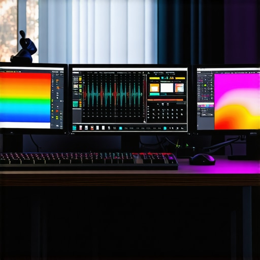 High-Precision Multi-Monitor Editing Environment Professional editing workspace with calibrated displays, ambient lighting, and spectral calibration equipment.