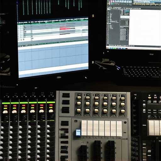 High-Quality Audio Editing Environment A professional audio editing setup with multiple monitors and sound control hardware.