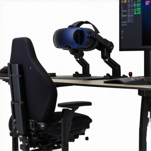 High-Tech Creative Workspace for Color Grading An ergonomic, technologically advanced editing studio featuring haptic feedback devices and VR equipment for professional color grading.