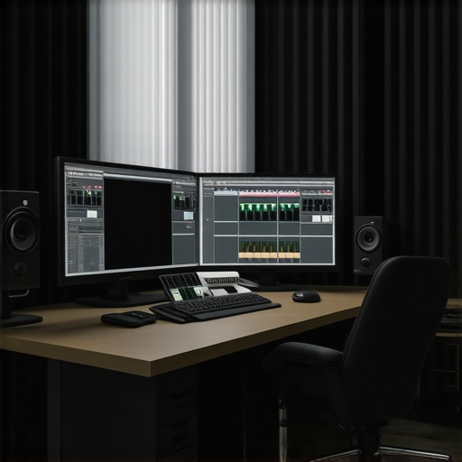 High-Tech Editing Studio Setup A professional editing studio featuring ergonomic equipment, calibrated monitors, and advanced accessories optimized for creative professionals.