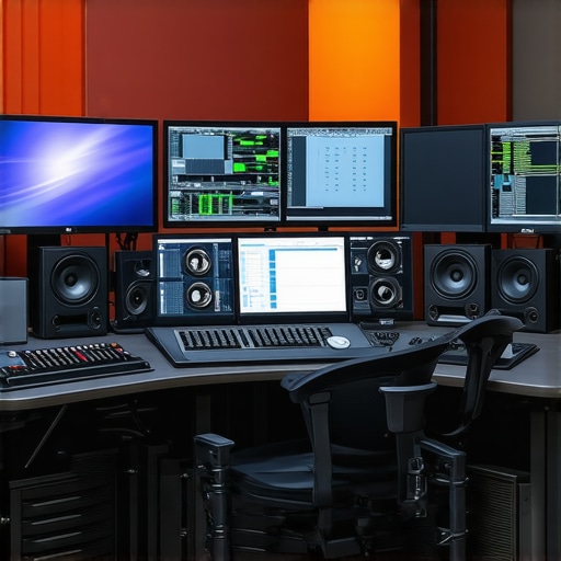 High-end Video Editing Setup with Expert Accessories A professional video editing workstation featuring control surfaces and calibrated monitors.