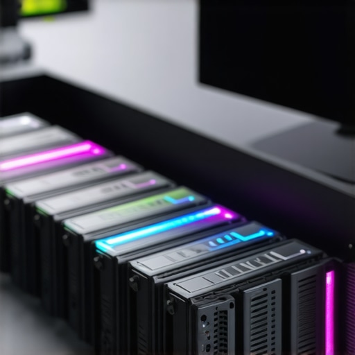 High-speed SSD Array in Editing Studio An advanced SSD storage setup with colorful indicator lights in a professional editing workspace.