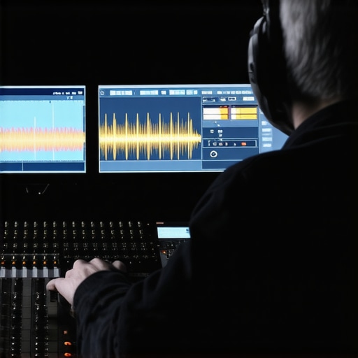 Mastering Engineer with Advanced Audio Tools A professional audio engineer adjusting levels on a digital audio workstation with spectrograms and precise metering.