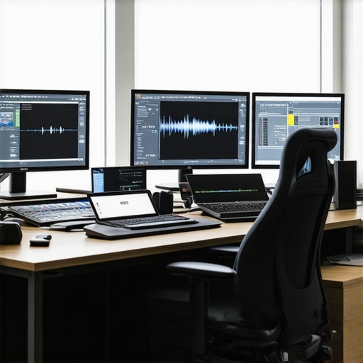 A professional editing workstation with powerful hardware and multiple displays